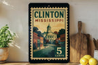 Clinton Mississippi Metal Sign Featuring Retro Postage Stamp Design with Historic Town and Scenic Landmark Elements — photo 1