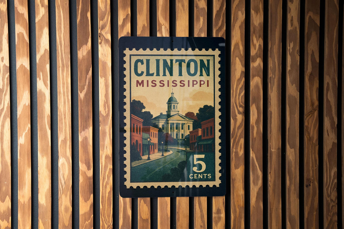 Clinton Mississippi Metal Sign Featuring Retro Postage Stamp Design with Historic Town and Scenic Landmark Elements — photo 2