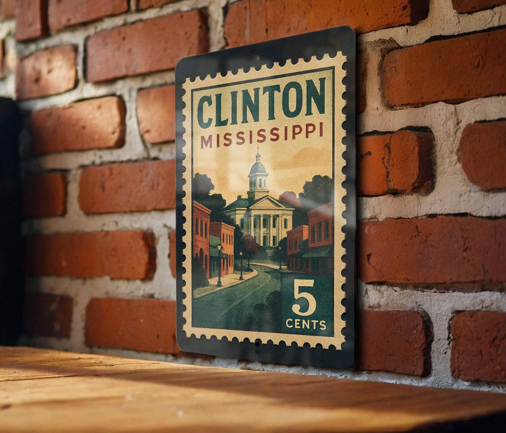 Clinton Mississippi Metal Sign Featuring Retro Postage Stamp Design with Historic Town and Scenic Landmark Elements — photo 4
