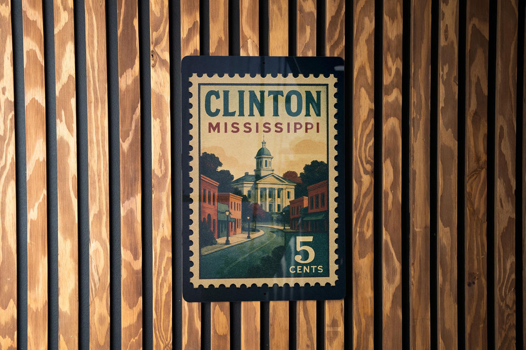 Clinton Mississippi Metal Sign Featuring Retro Postage Stamp Design with Historic Town and Scenic Landmark Elements — photo 5