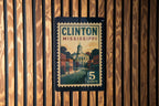Clinton Mississippi Metal Sign Featuring Retro Postage Stamp Design with Historic Town and Scenic Landmark Elements — photo 5