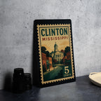 Clinton Mississippi Metal Sign Featuring Retro Postage Stamp Design with Historic Town and Scenic Landmark Elements — photo 6