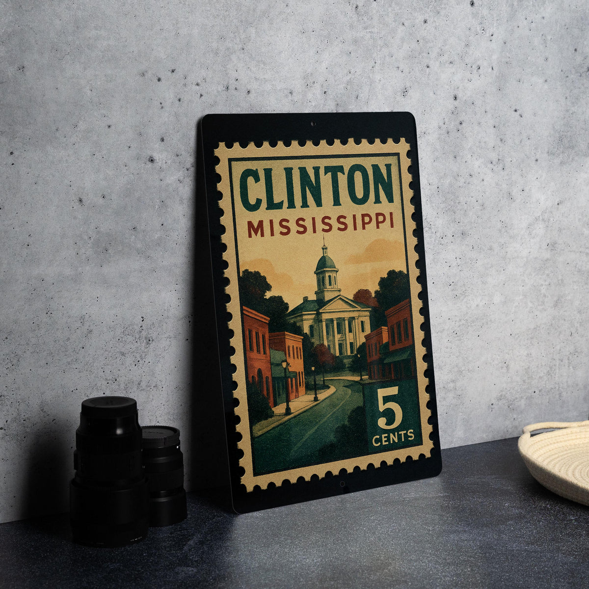 Clinton Mississippi Metal Sign Featuring Retro Postage Stamp Design with Historic Town and Scenic Landmark Elements — photo 6