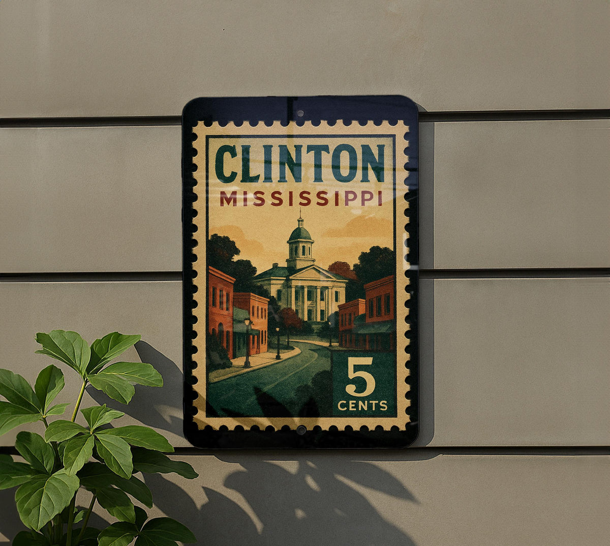 Clinton Mississippi Metal Sign Featuring Retro Postage Stamp Design with Historic Town and Scenic Landmark Elements — photo 7