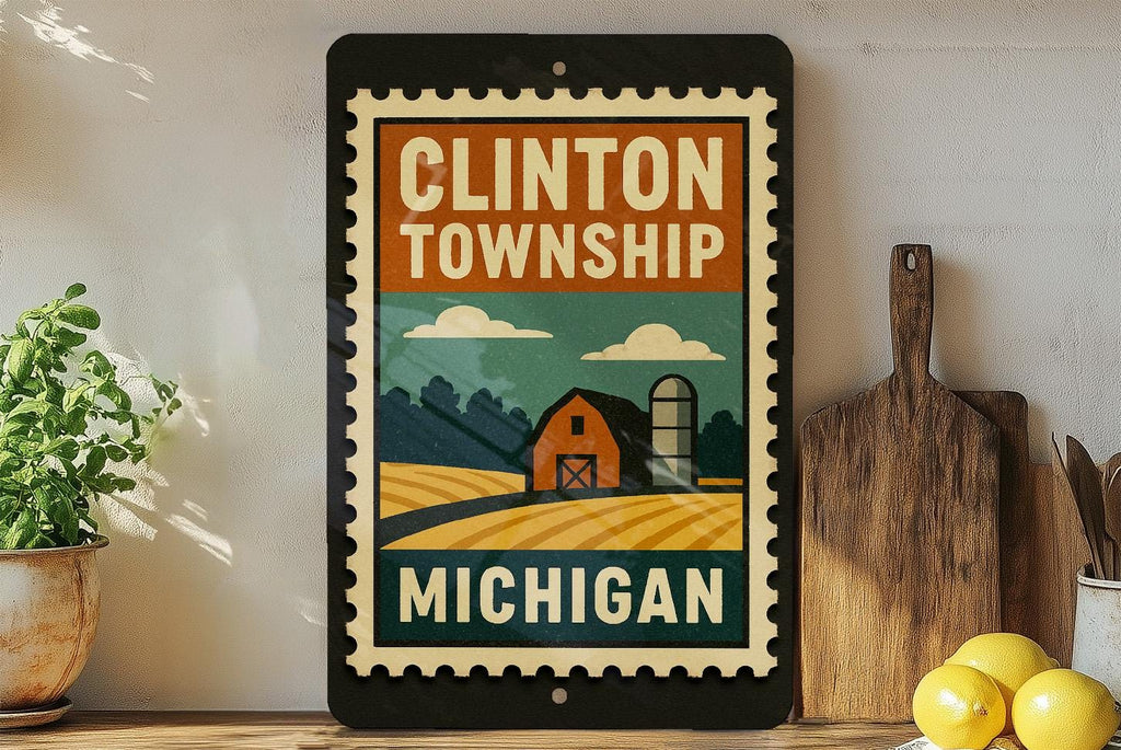 Clinton Township Michigan Metal Sign – Retro Postage Stamp Design Featuring Town Name and Vintage Travel Theme — photo 2