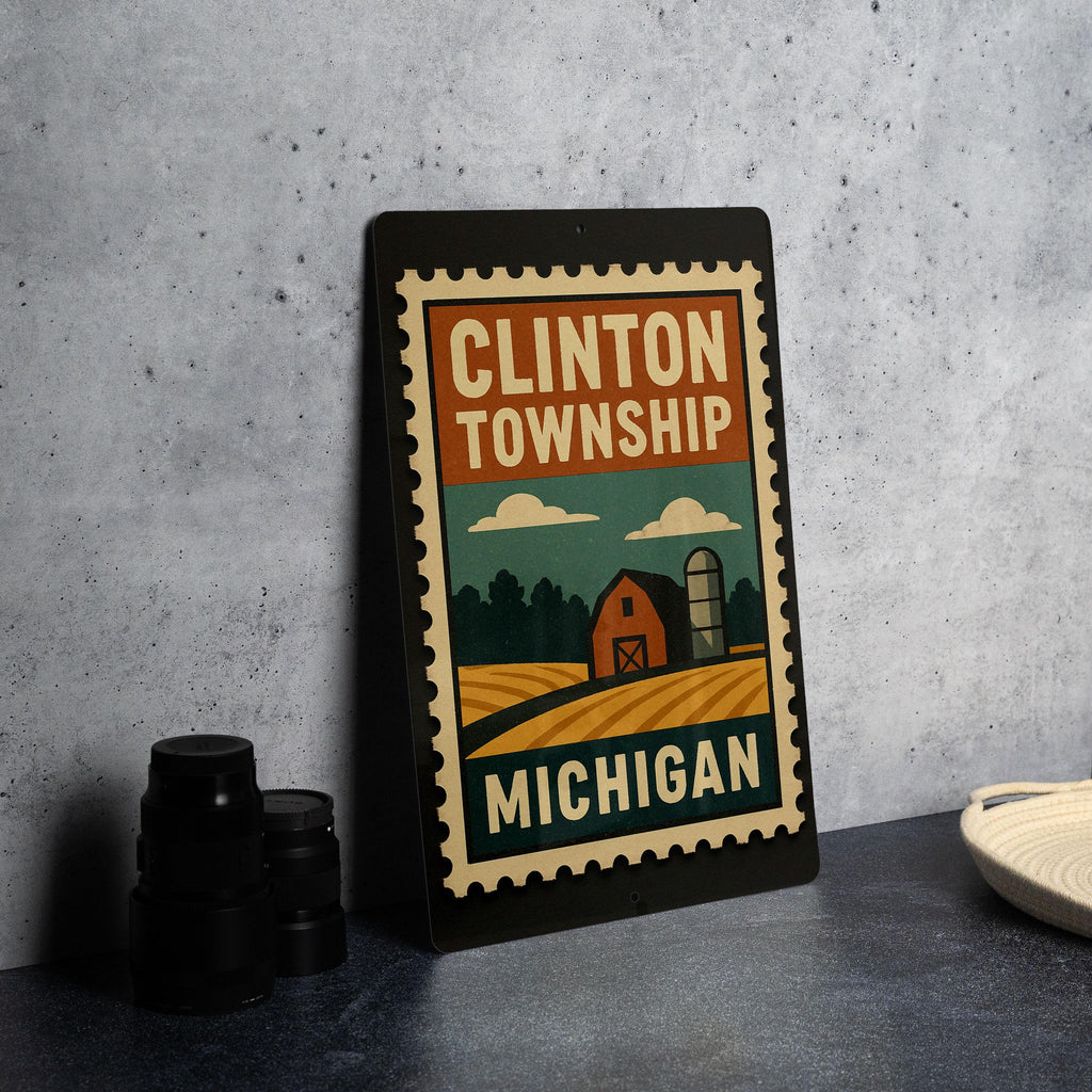 Clinton Township Michigan Metal Sign – Retro Postage Stamp Design Featuring Town Name and Vintage Travel Theme — photo 4