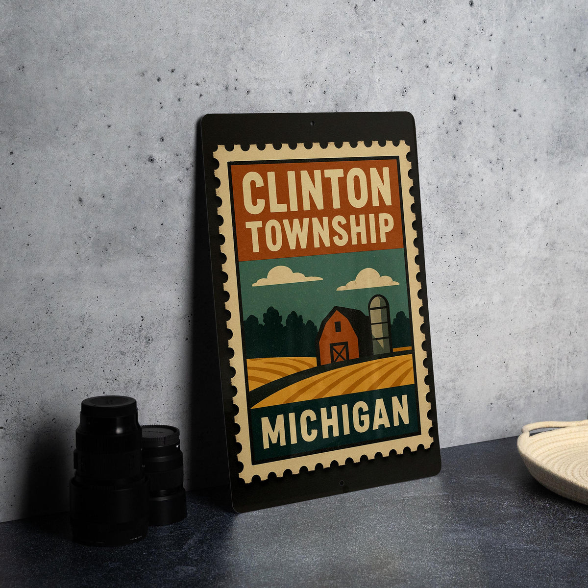 Clinton Township Michigan Metal Sign – Retro Postage Stamp Design Featuring Town Name and Vintage Travel Theme — photo 4