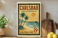 Carlsbad California Metal Sign – Retro Postage Stamp Design Featuring Beach Scene and Coastal Landmarks — photo 1