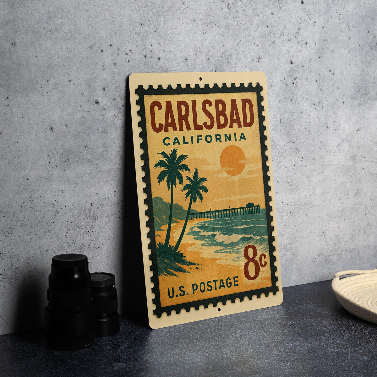 Carlsbad California Metal Sign – Retro Postage Stamp Design Featuring Beach Scene and Coastal Landmarks — photo 4