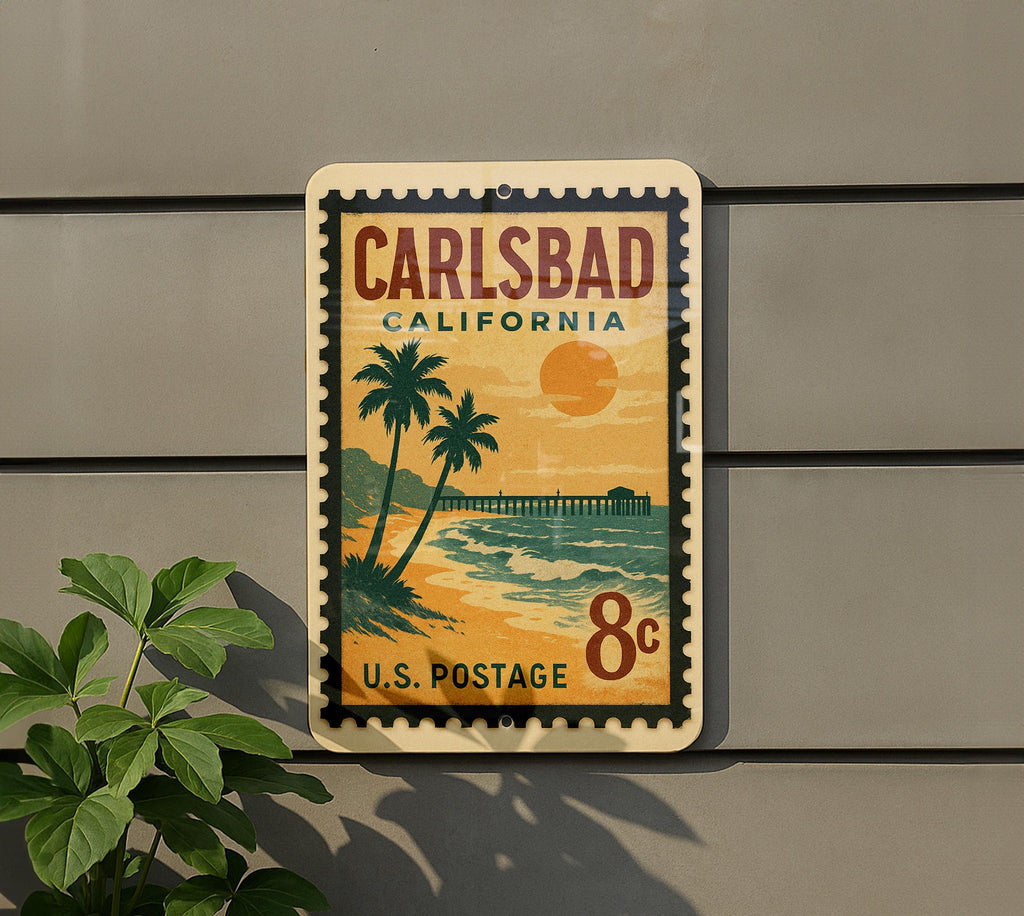 Carlsbad California Metal Sign – Retro Postage Stamp Design Featuring Beach Scene and Coastal Landmarks — photo 5