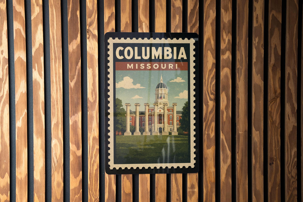 Columbia Missouri Metal Sign Featuring Retro Postage Stamp Design with City Landmarks and Scenic Views — photo 3