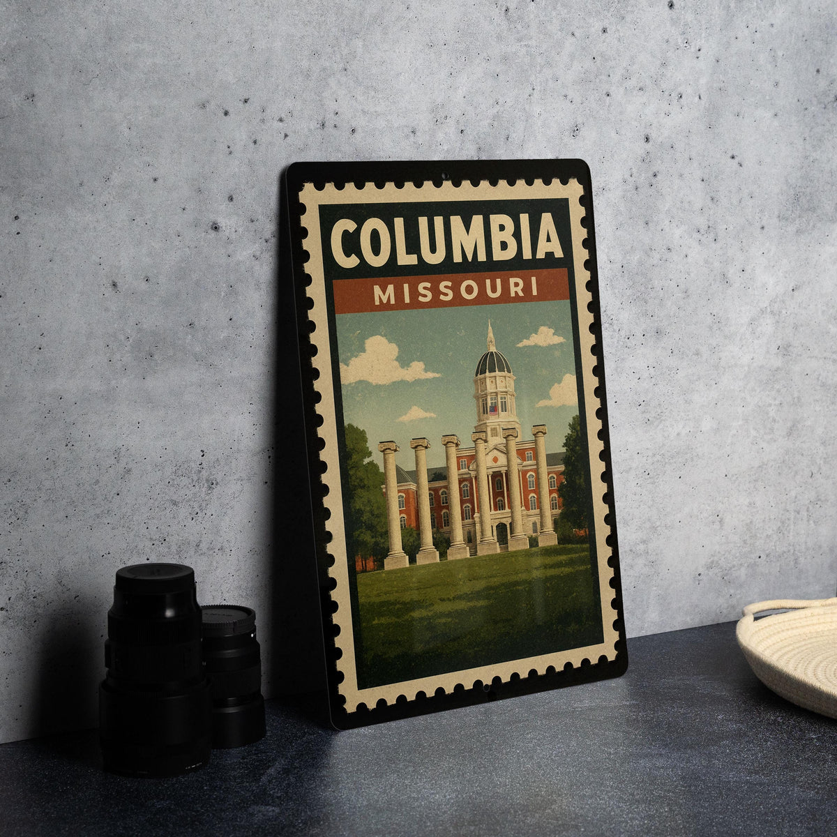 Columbia Missouri Metal Sign Featuring Retro Postage Stamp Design with City Landmarks and Scenic Views — photo 4