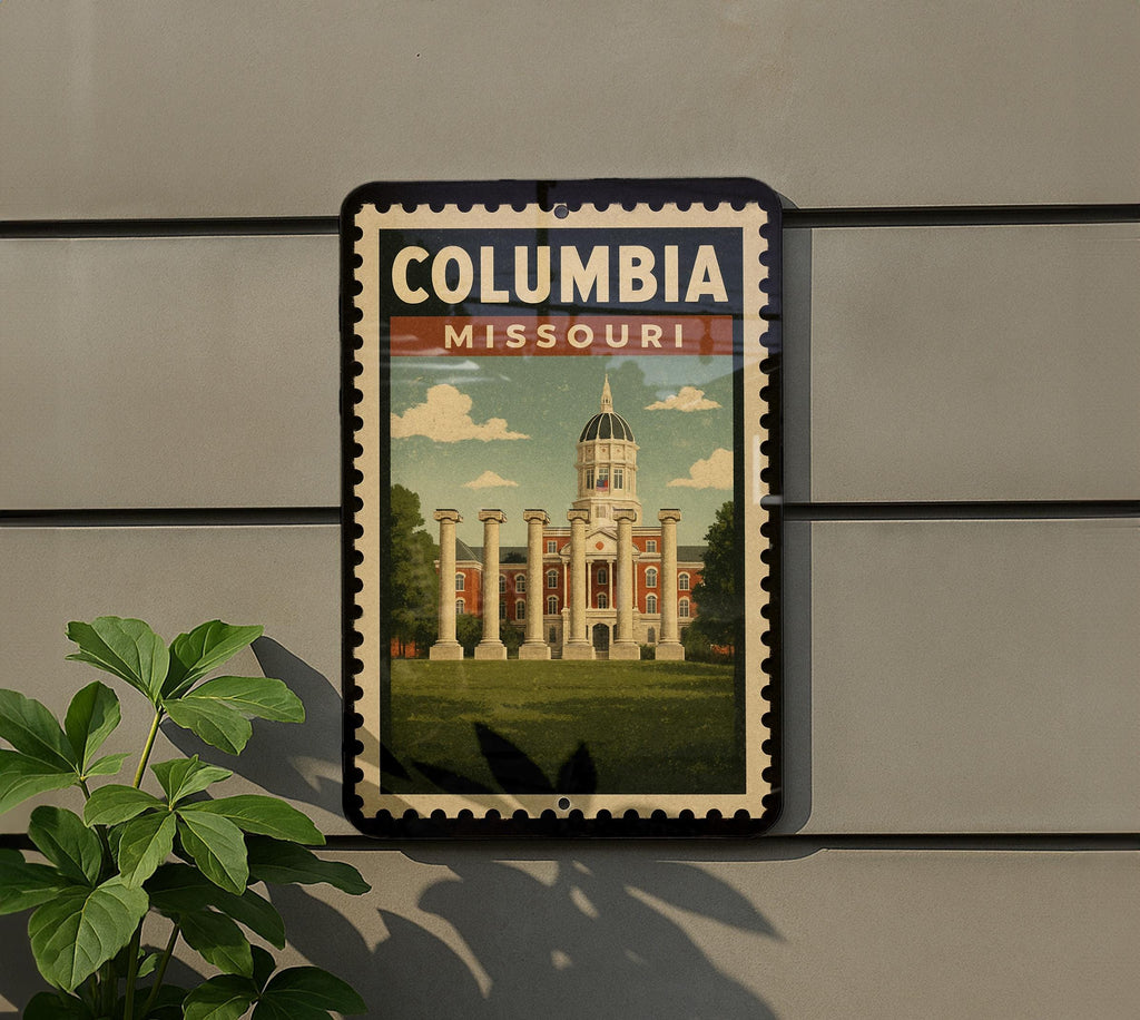 Columbia Missouri Metal Sign Featuring Retro Postage Stamp Design with City Landmarks and Scenic Views — photo 5