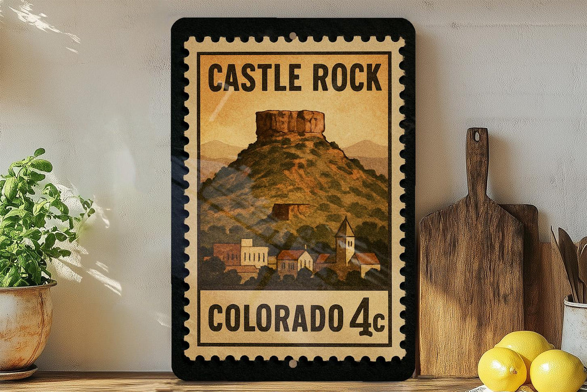 Castle Rock Colorado Metal Sign – Retro Postage Stamp Design Featuring Mountain Town and Scenic Landscape — photo 1