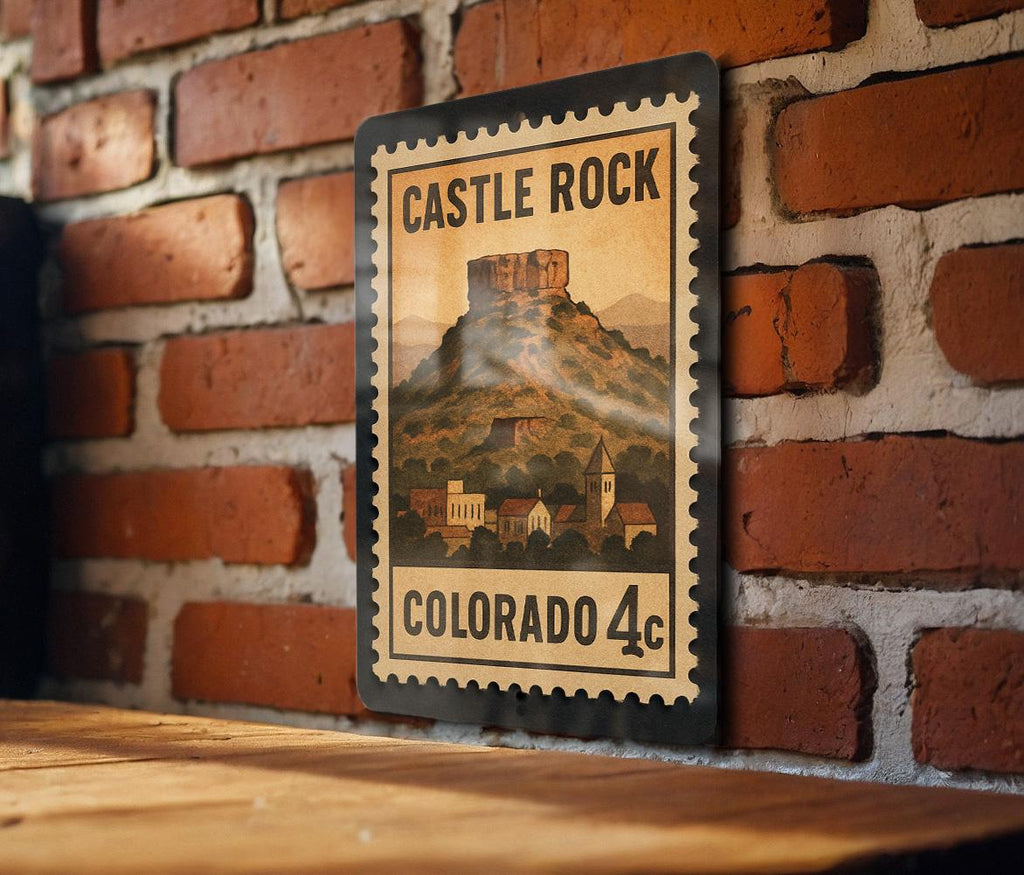 Castle Rock Colorado Metal Sign – Retro Postage Stamp Design Featuring Mountain Town and Scenic Landscape — photo 2