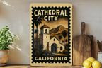 Cathedral City California Metal Sign – Retro Postage Stamp Design Featuring Desert Scenery and Iconic Landmarks — photo 1