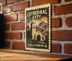 Cathedral City California Metal Sign – Retro Postage Stamp Design Featuring Desert Scenery and Iconic Landmarks — photo 2