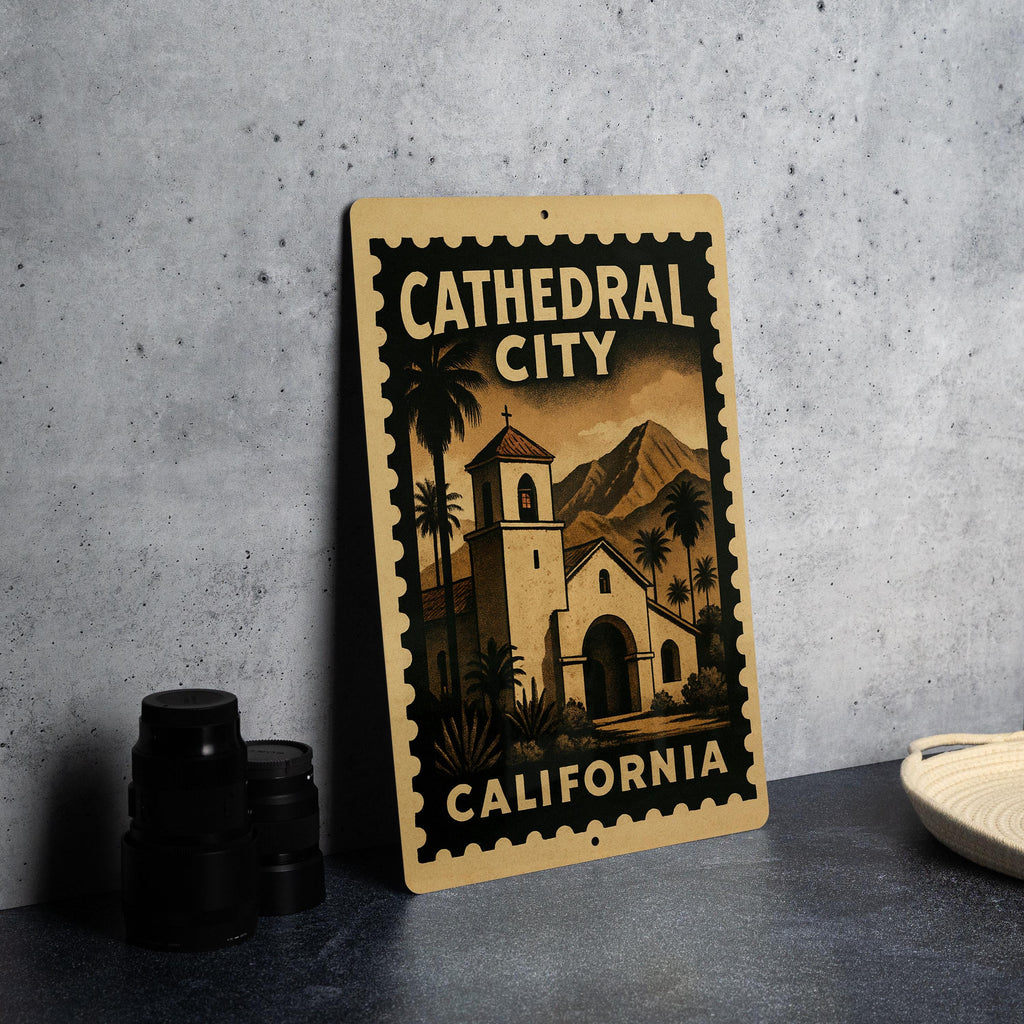 Cathedral City California Metal Sign – Retro Postage Stamp Design Featuring Desert Scenery and Iconic Landmarks — photo 4