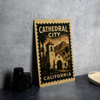 Cathedral City California Metal Sign – Retro Postage Stamp Design Featuring Desert Scenery and Iconic Landmarks — photo 4