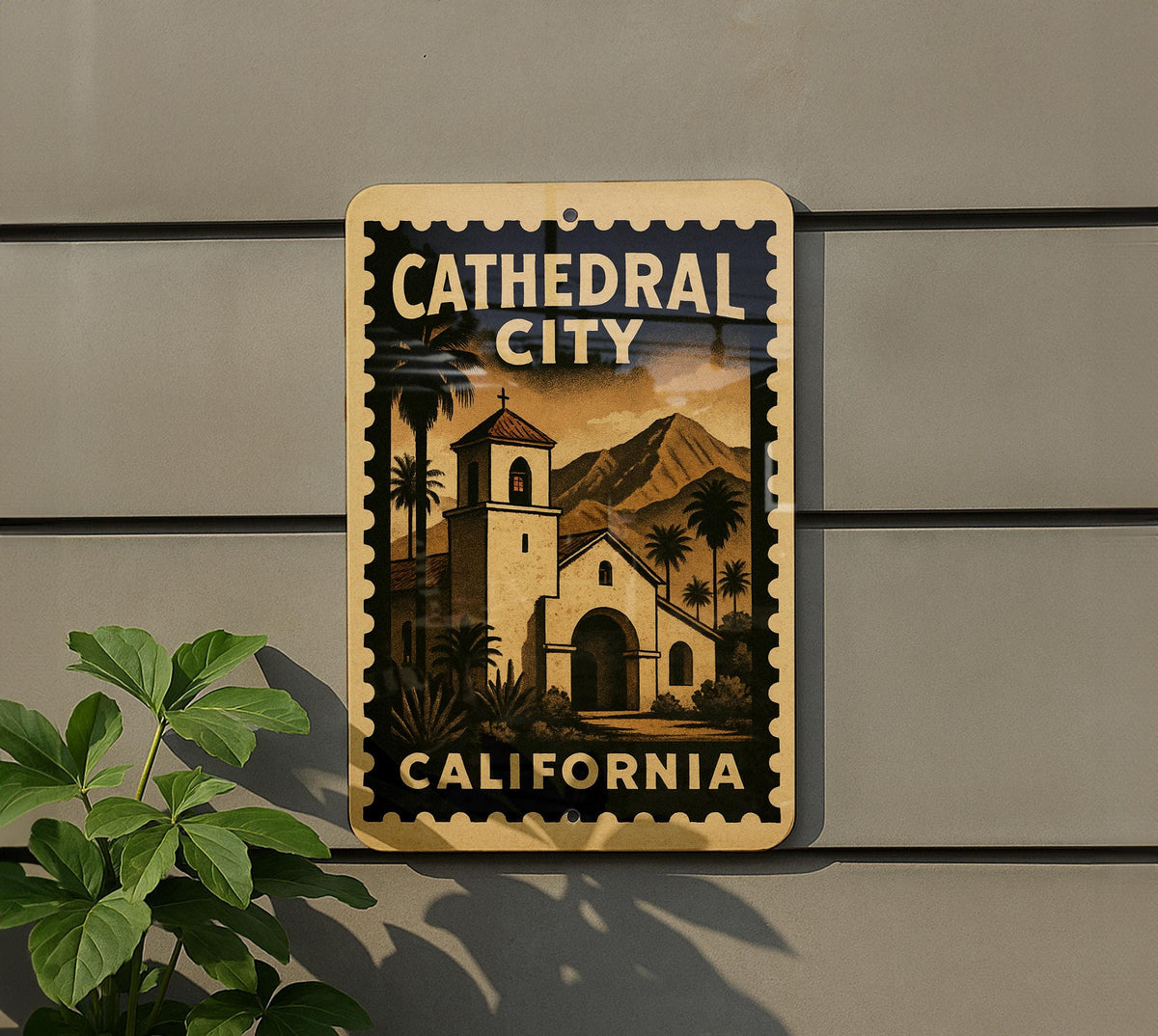 Cathedral City California Metal Sign – Retro Postage Stamp Design Featuring Desert Scenery and Iconic Landmarks — photo 5