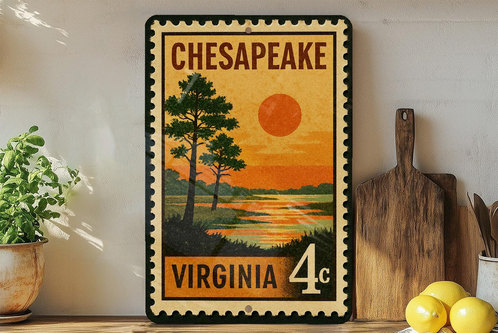 Chesapeake Virginia Metal Sign Featuring Retro Postage Stamp Design with Cityscape and Coastal Theme Decor — photo 1