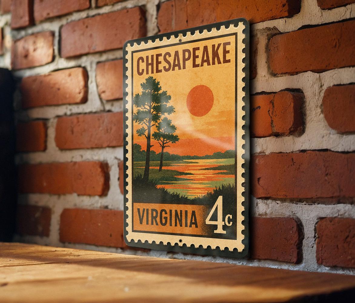 Chesapeake Virginia Metal Sign Featuring Retro Postage Stamp Design with Cityscape and Coastal Theme Decor — photo 2
