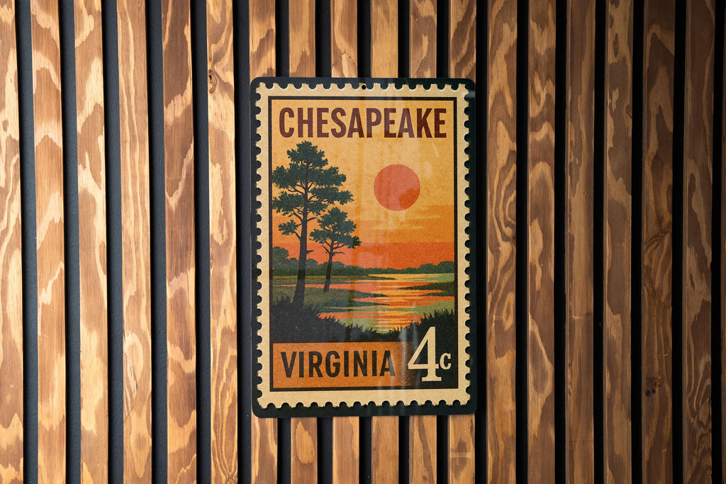 Chesapeake Virginia Metal Sign Featuring Retro Postage Stamp Design with Cityscape and Coastal Theme Decor — photo 3