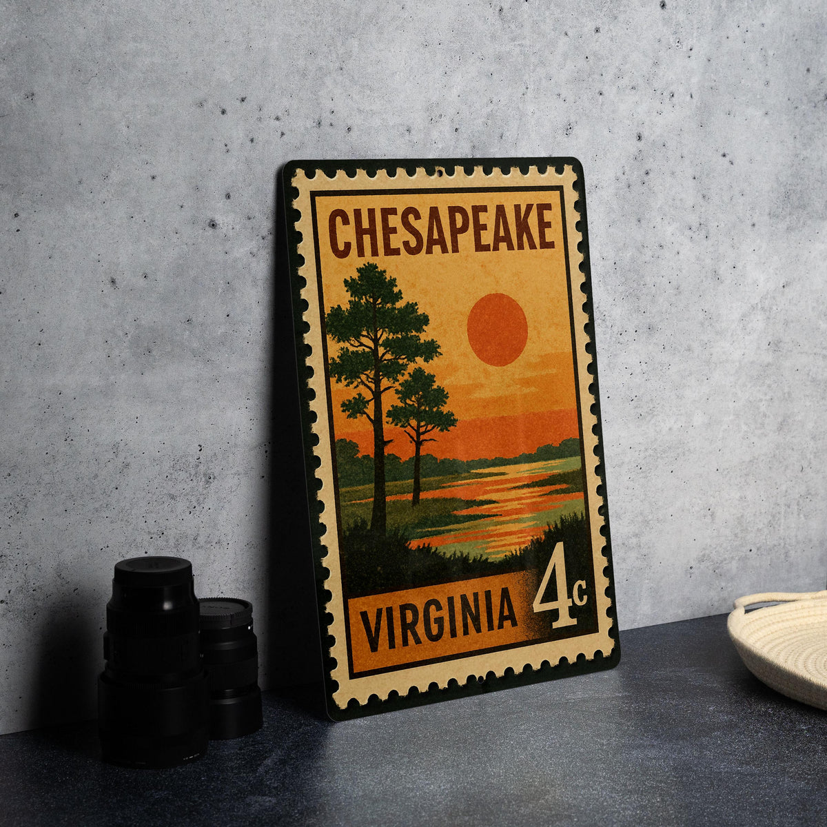 Chesapeake Virginia Metal Sign Featuring Retro Postage Stamp Design with Cityscape and Coastal Theme Decor — photo 4