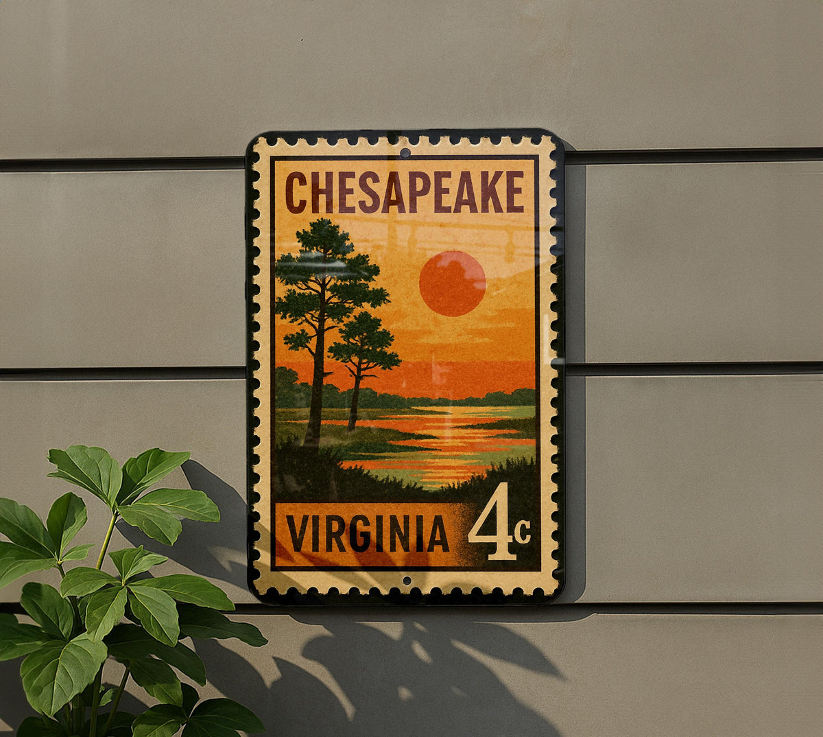 Chesapeake Virginia Metal Sign Featuring Retro Postage Stamp Design with Cityscape and Coastal Theme Decor — photo 5