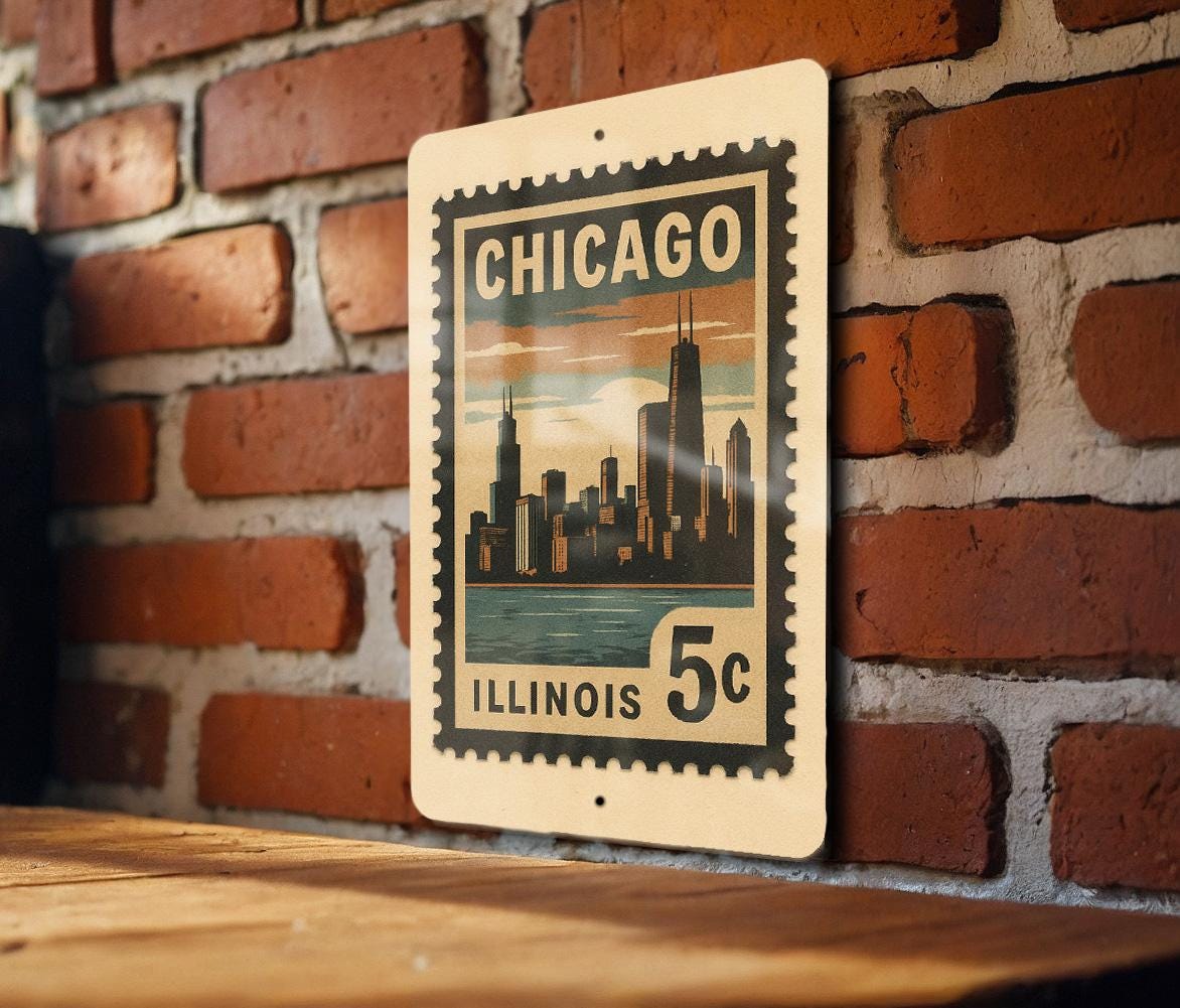 Chicago Illinois Metal Sign – Retro Postage Stamp Design Featuring City Skyline and Iconic Landmarks — photo 1