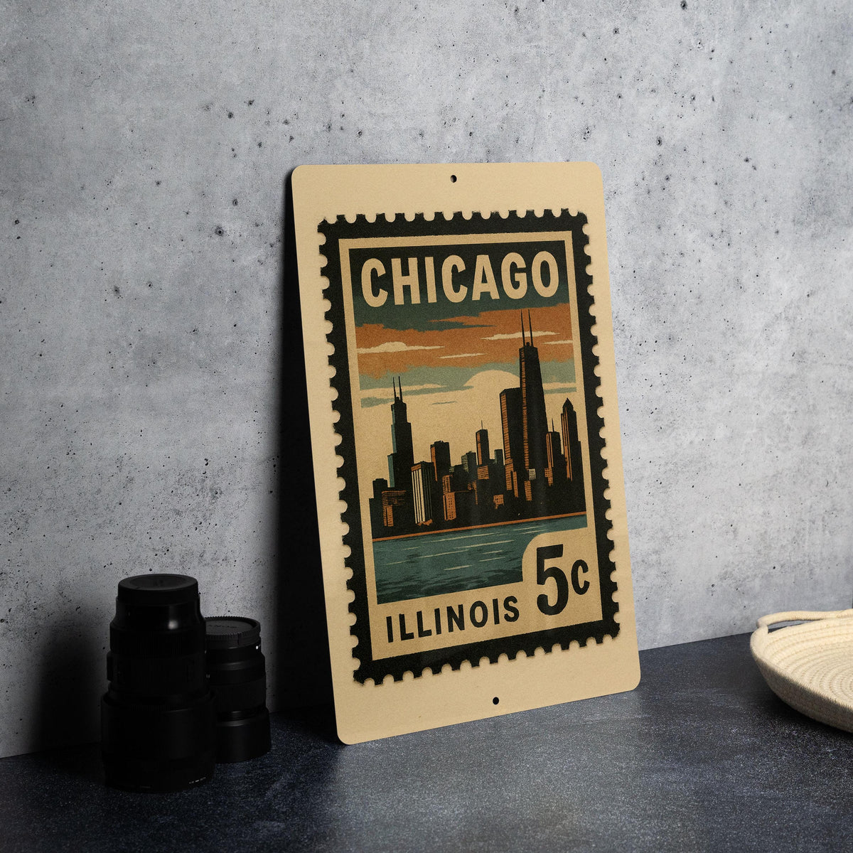 Chicago Illinois Metal Sign – Retro Postage Stamp Design Featuring City Skyline and Iconic Landmarks — photo 4