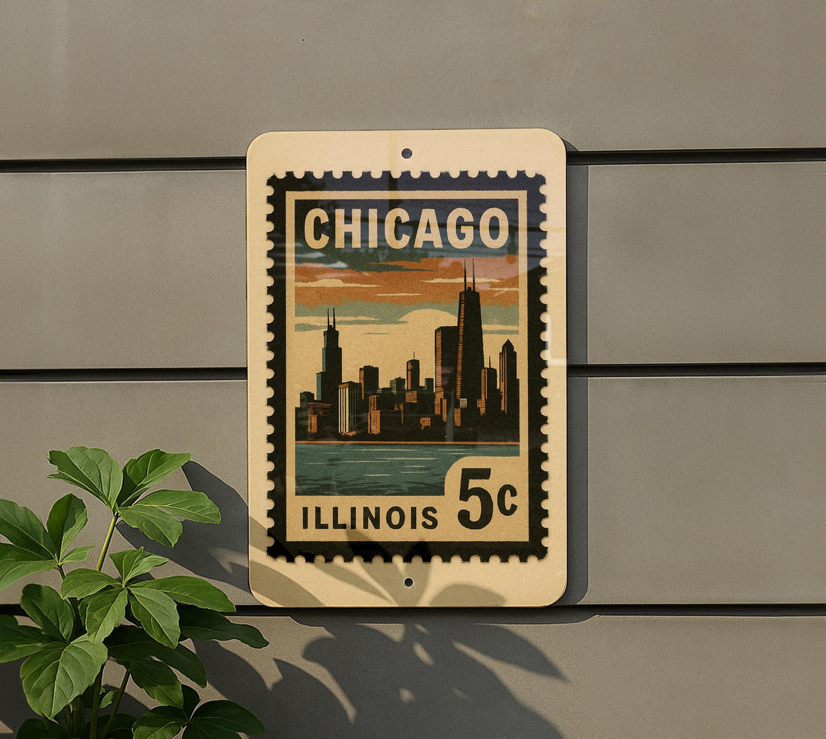 Chicago Illinois Metal Sign – Retro Postage Stamp Design Featuring City Skyline and Iconic Landmarks — photo 5