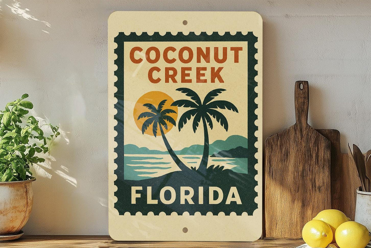 Coconut Creek Florida Metal Sign – Retro Postage Stamp Design Featuring City Name and Tropical Theme — photo 1