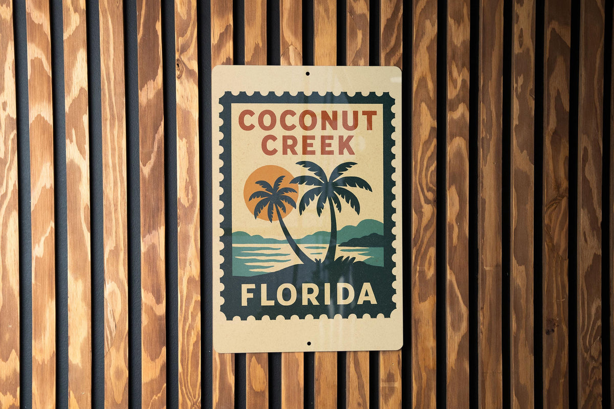 Coconut Creek Florida Metal Sign – Retro Postage Stamp Design Featuring City Name and Tropical Theme — photo 2