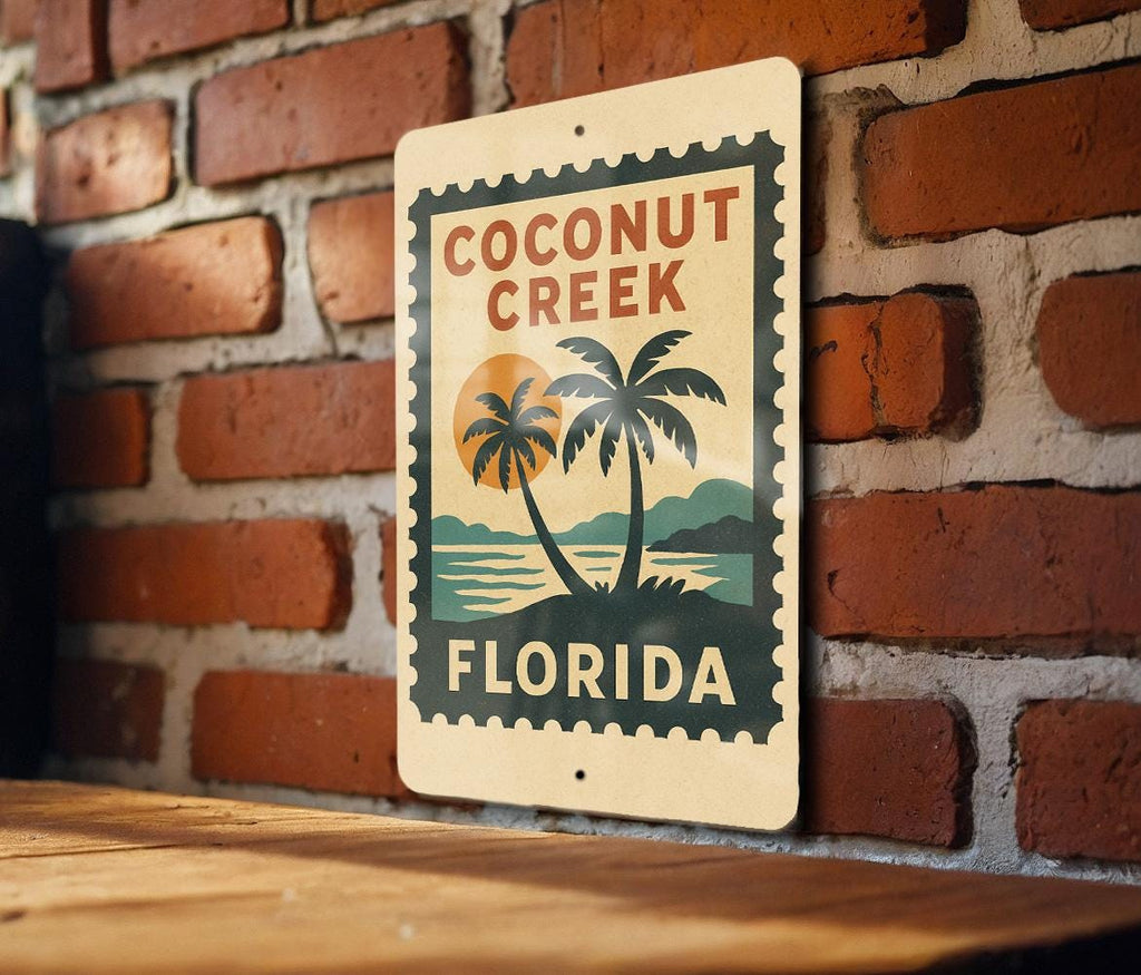 Coconut Creek Florida Metal Sign – Retro Postage Stamp Design Featuring City Name and Tropical Theme — photo 3
