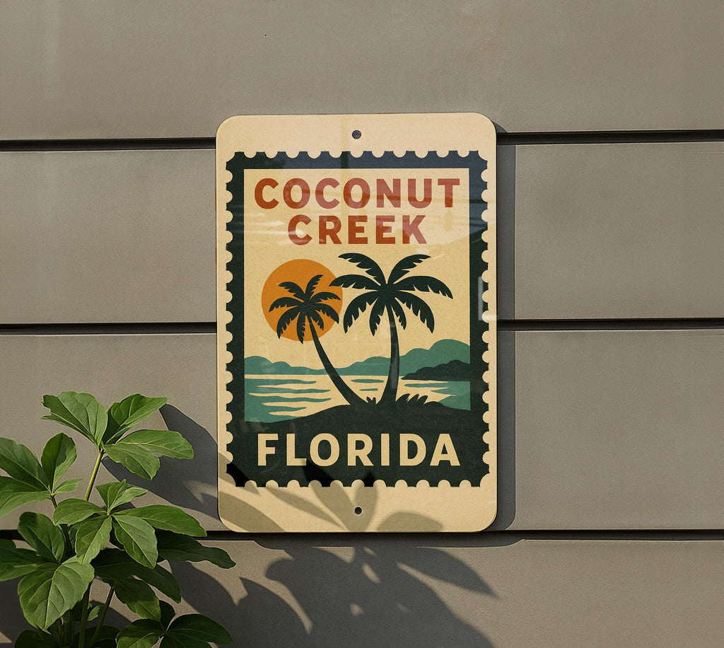 Coconut Creek Florida Metal Sign – Retro Postage Stamp Design Featuring City Name and Tropical Theme — photo 5