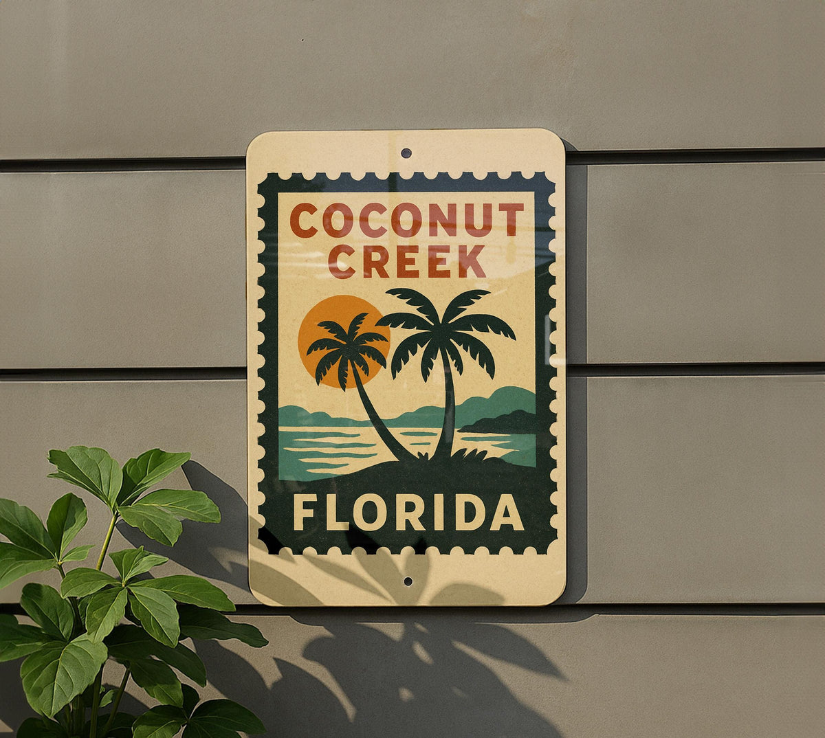 Coconut Creek Florida Metal Sign – Retro Postage Stamp Design Featuring City Name and Tropical Theme — photo 5