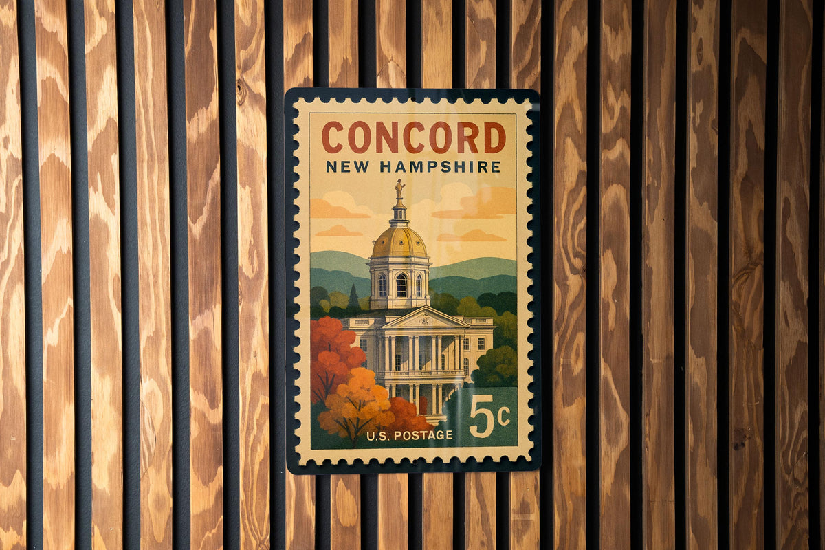 Concord New Hampshire Metal Sign – Retro Postage Stamp Design Featuring State Capitol and Scenic City Landmarks — photo 1