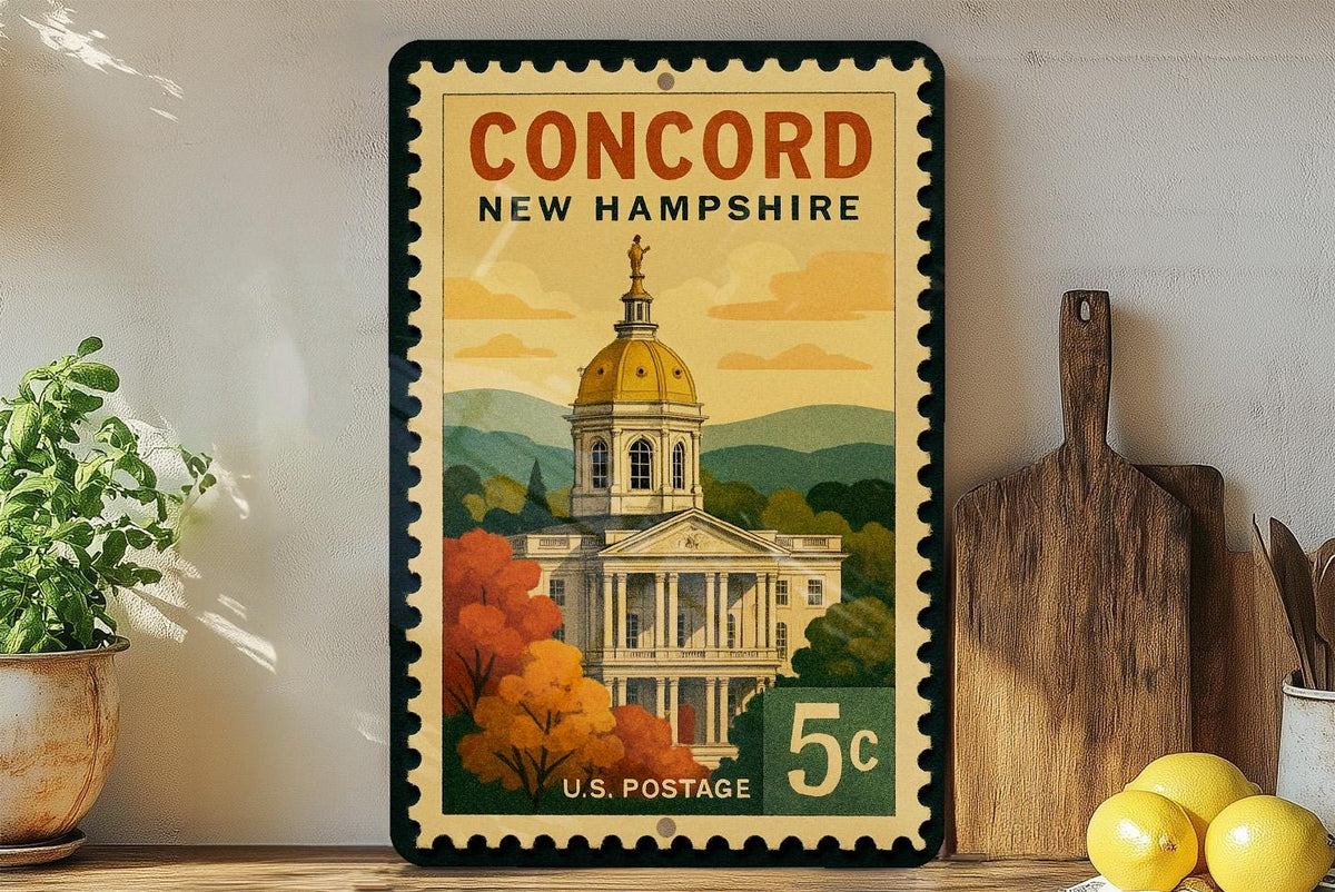 Concord New Hampshire Metal Sign – Retro Postage Stamp Design Featuring State Capitol and Scenic City Landmarks — photo 2