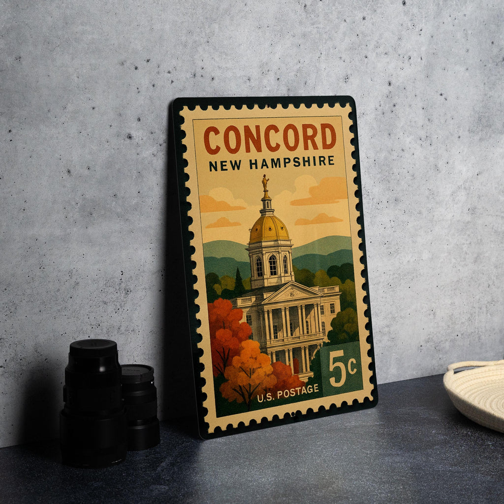 Concord New Hampshire Metal Sign – Retro Postage Stamp Design Featuring State Capitol and Scenic City Landmarks — photo 4