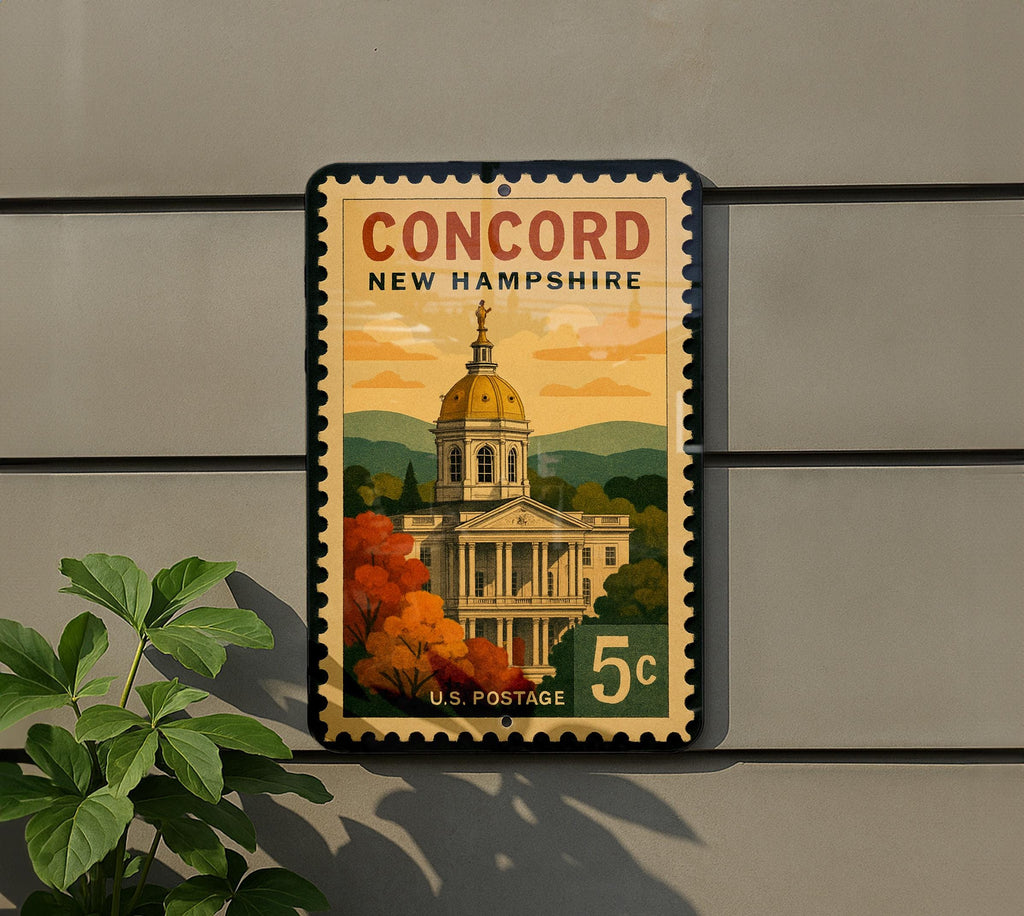 Concord New Hampshire Metal Sign – Retro Postage Stamp Design Featuring State Capitol and Scenic City Landmarks — photo 5