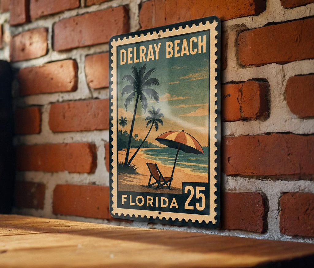 Delray Beach Florida Metal Sign – Retro Postage Stamp Design Featuring Palm Trees and Coastal City Scene — photo 1