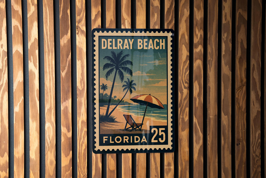 Delray Beach Florida Metal Sign – Retro Postage Stamp Design Featuring Palm Trees and Coastal City Scene — photo 2