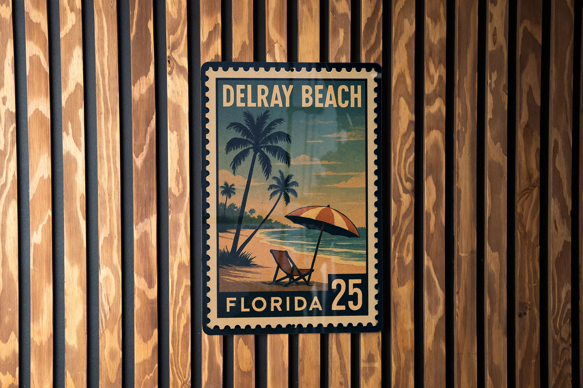 Delray Beach Florida Metal Sign – Retro Postage Stamp Design Featuring Palm Trees and Coastal City Scene — photo 2