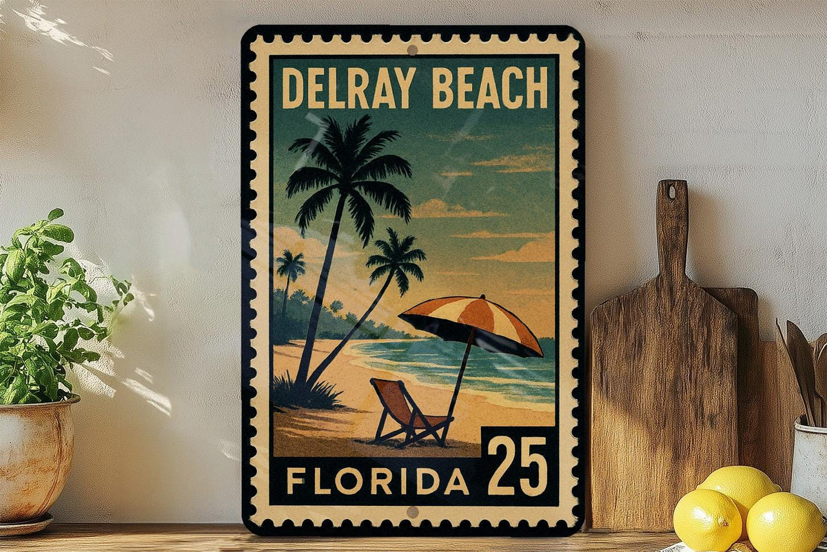 Delray Beach Florida Metal Sign – Retro Postage Stamp Design Featuring Palm Trees and Coastal City Scene — photo 3
