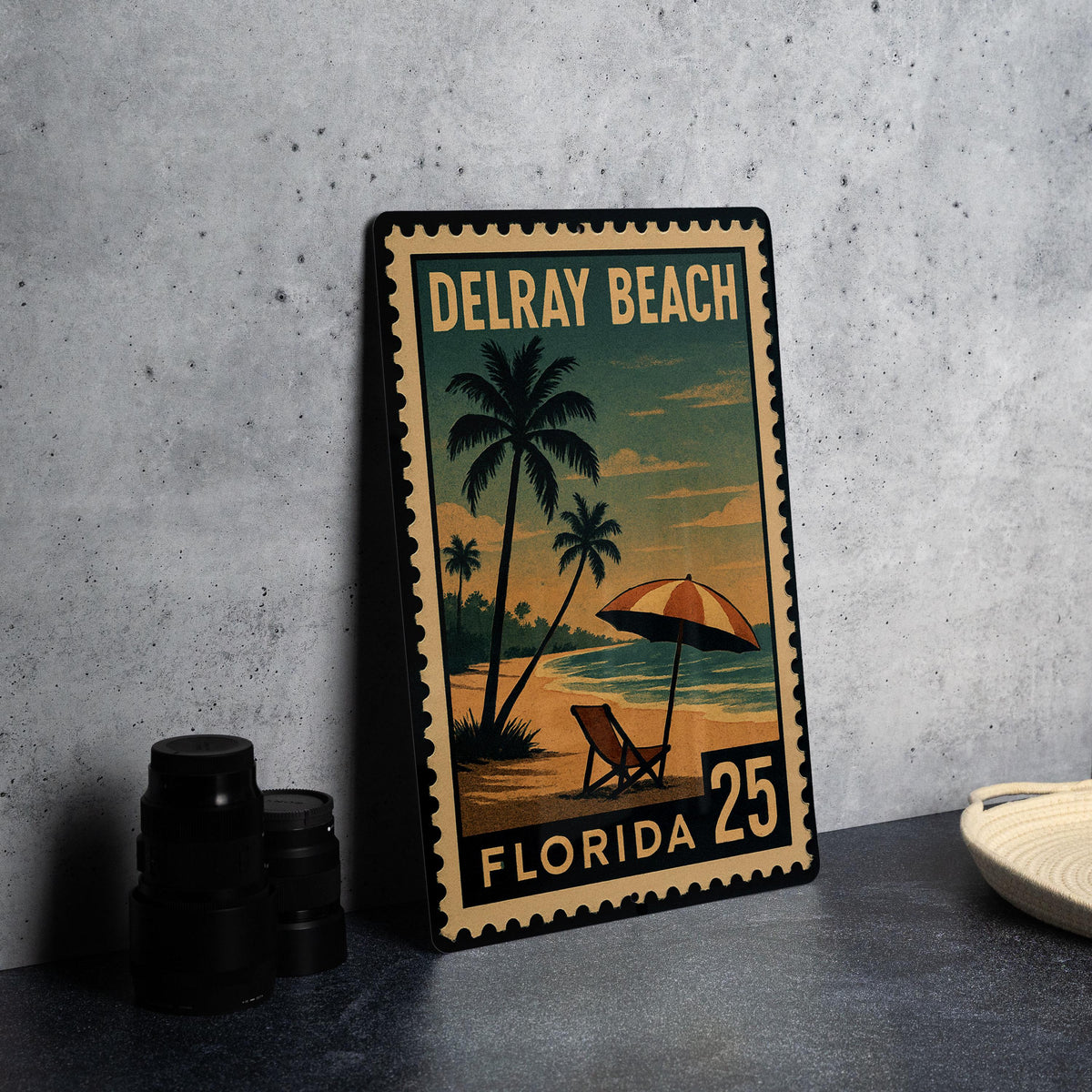 Delray Beach Florida Metal Sign – Retro Postage Stamp Design Featuring Palm Trees and Coastal City Scene — photo 4