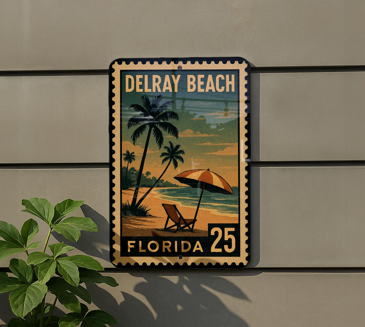 Delray Beach Florida Metal Sign – Retro Postage Stamp Design Featuring Palm Trees and Coastal City Scene — photo 5
