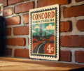 Concord North Carolina Metal Sign – Retro Postage Stamp Design Featuring Historic Landmarks and City Name — photo 1