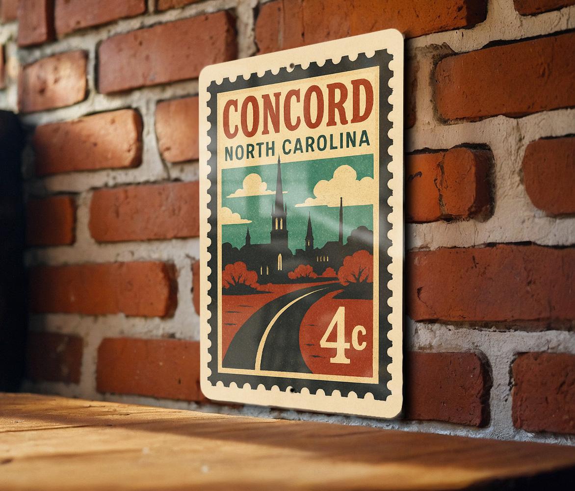 Concord North Carolina Metal Sign – Retro Postage Stamp Design Featuring Historic Landmarks and City Name — photo 1