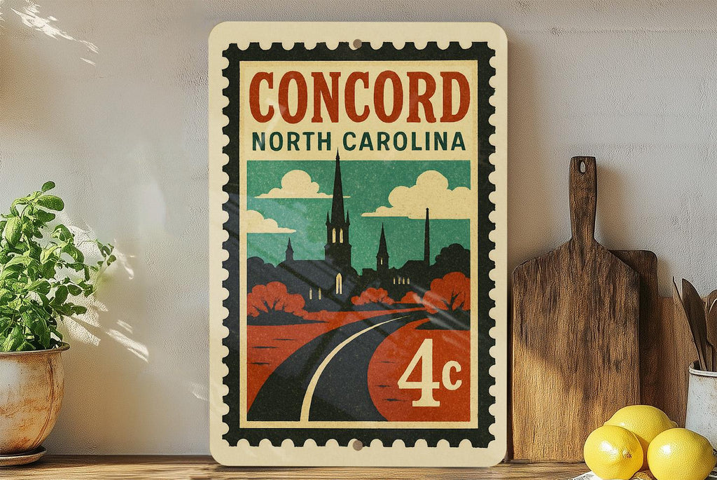 Concord North Carolina Metal Sign – Retro Postage Stamp Design Featuring Historic Landmarks and City Name — photo 2